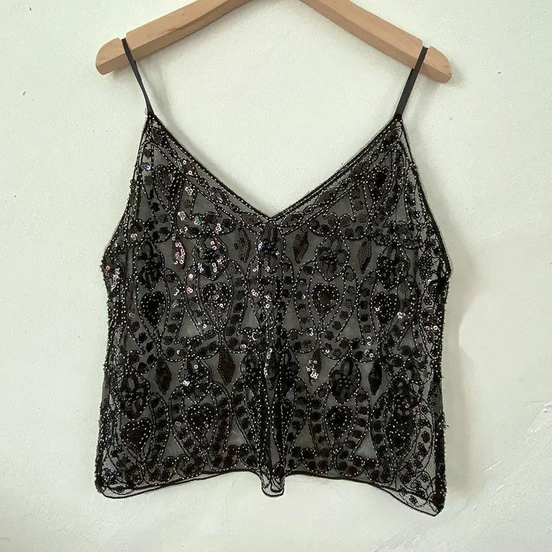 Feminino com decote em v sem mangas regata sexy magro topo verão pesado industrial lantejoulas cravejadas lantejoulas curto solto camisola topo