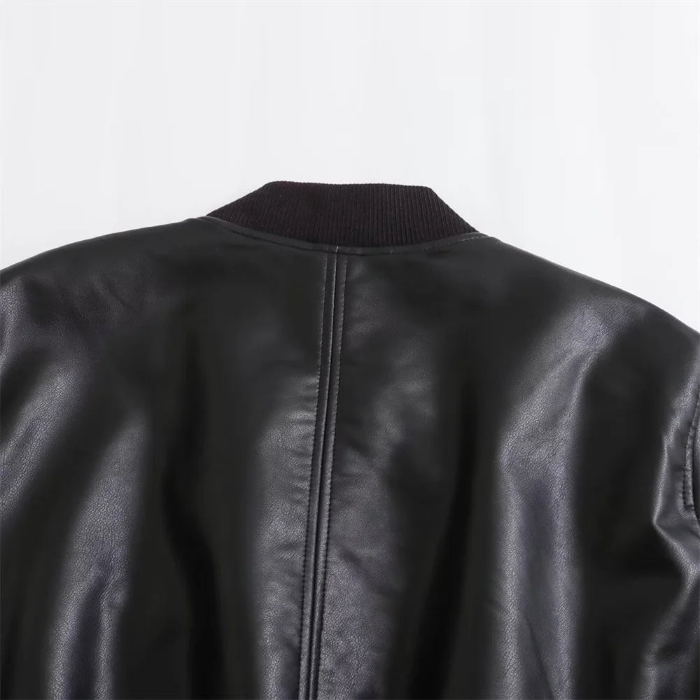 Unizera2023 outono e inverno nova moda feminina versátil curto motocicleta falso couro piloto jaqueta casaco de couro