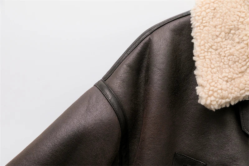 RARF-Jaqueta grossa quente do falso shearling feminino, casaco vintage de manga longa, outerwear feminino, bainha do cinto, nova moda, 2024