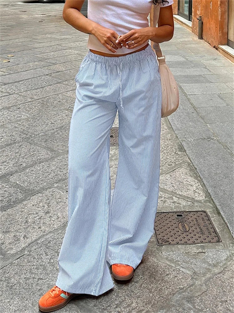 Cuteandpsycho streetwear listrado impressão calças soltas rendas corredores moda y2k calças largas básico estética 90s bonito bottoms