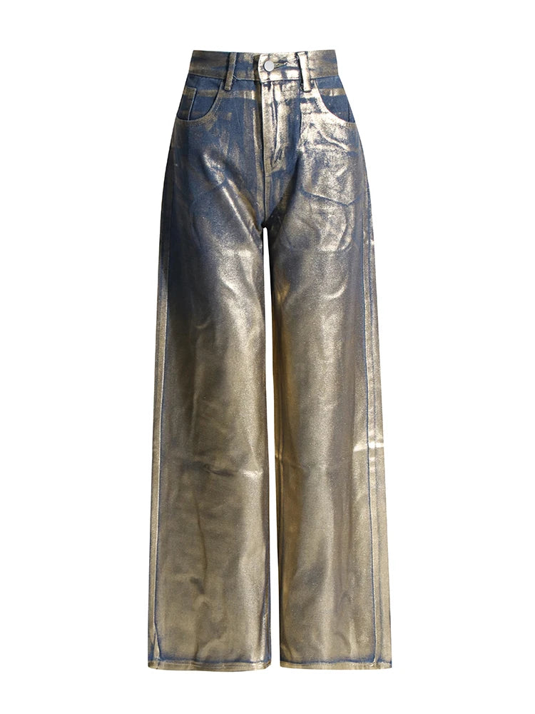 Twotwinstyle casual calças soltas para as mulheres cintura alta emendado botão streetwear perna reta moda nova