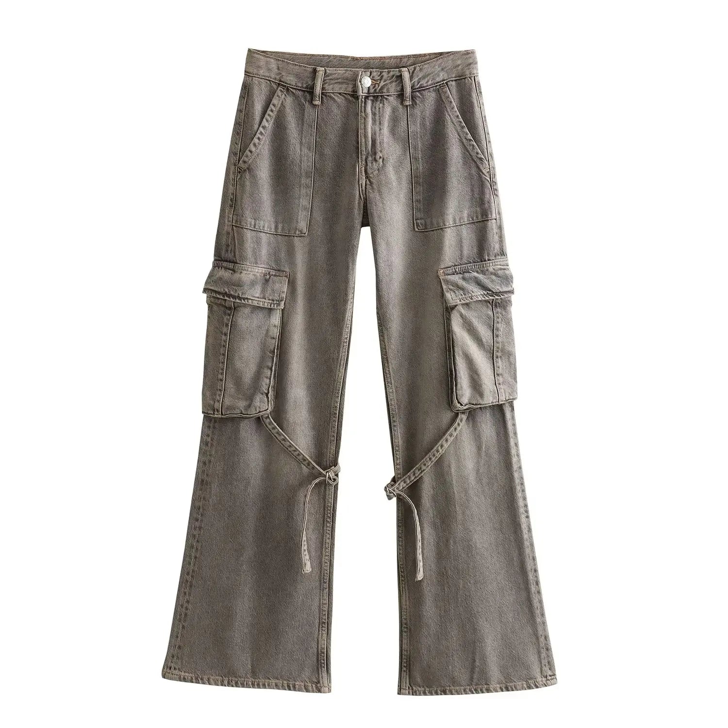 Trafza 2023 outono moda casual sólido calças de cintura alta feminino denim calças de perna larga y2k jeans feminino calças de carga longa jeans