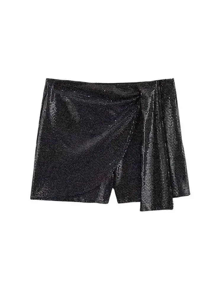 TRZA – Saias femininas com lantejoulas e nó, cintura alta, zíper lateral, saia curta feminina, moda