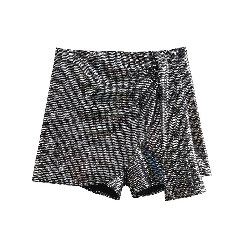 TRZA – Saias femininas com lantejoulas e nó, cintura alta, zíper lateral, saia curta feminina, moda