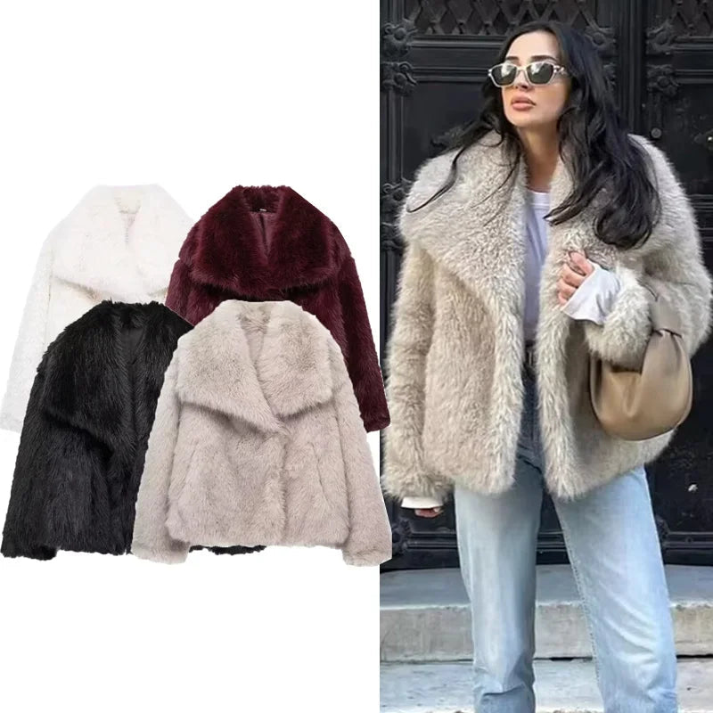 Traf 2024 mulher outono inverno casaco de pele do falso pelúcia fofo jaqueta feminina novo em outerwears branco vermelho cinza preto lã misturas casacos