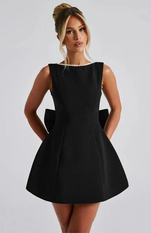 Elegante pérola arco sem costas vestido curto feminino o pescoço mini vestidos de noite preto branco rosa chique verão novo casamento convidado 2025