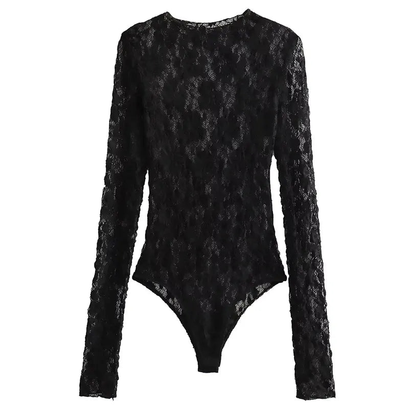 Trafza verão rendas macacões para mulheres moda nova mangas compridas oco para fora magro onesies feminino chique selvagem bodysuits femininos