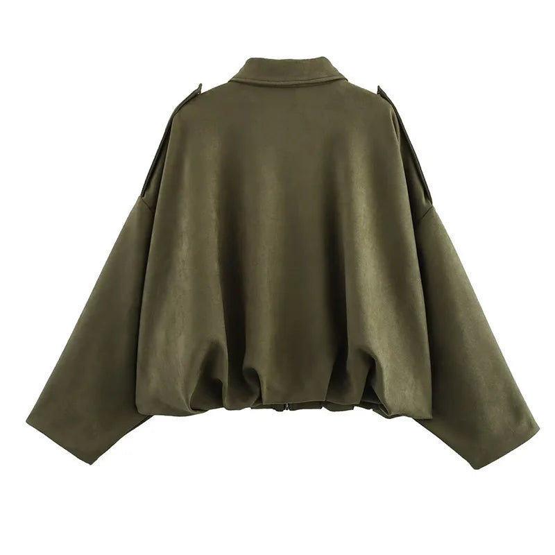 Rafznb jaquetas bomber femininas casacos moda gola virada para baixo manga longa casacos soltos vintage feminino outerwear chiques topos