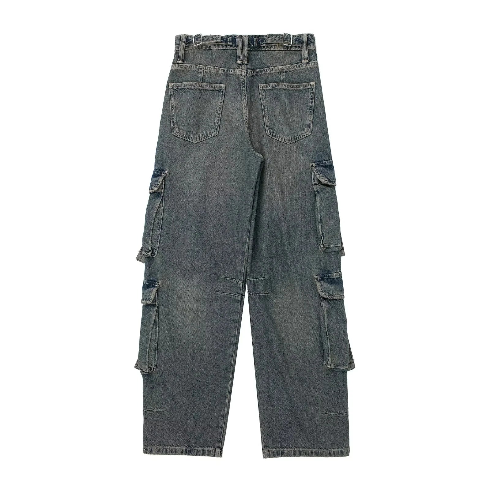 2023 primavera outono mulher bolso workwear denim carga calças compridas moda meados de cintura vintage casual rua calças soltas