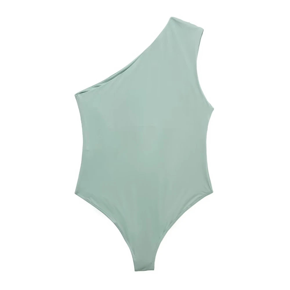 TRZA – Body assimétrico franzido feminino, um ombro, alças largas, botão de pressão, playsuits femininos, moda sexy