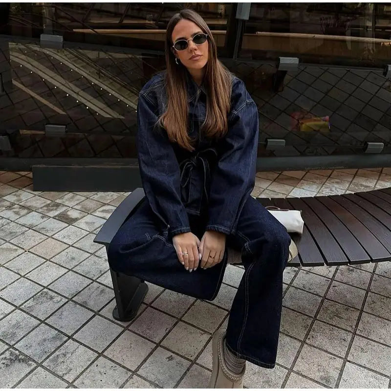 Vintage emendado denim jaqueta calças definir cinto feminino único breasted jaquetas bolsos jeans retos 2025 primavera senhora rua outfit