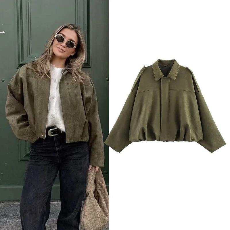 Rafznb jaquetas bomber femininas casacos moda gola virada para baixo manga longa casacos soltos vintage feminino outerwear chiques topos