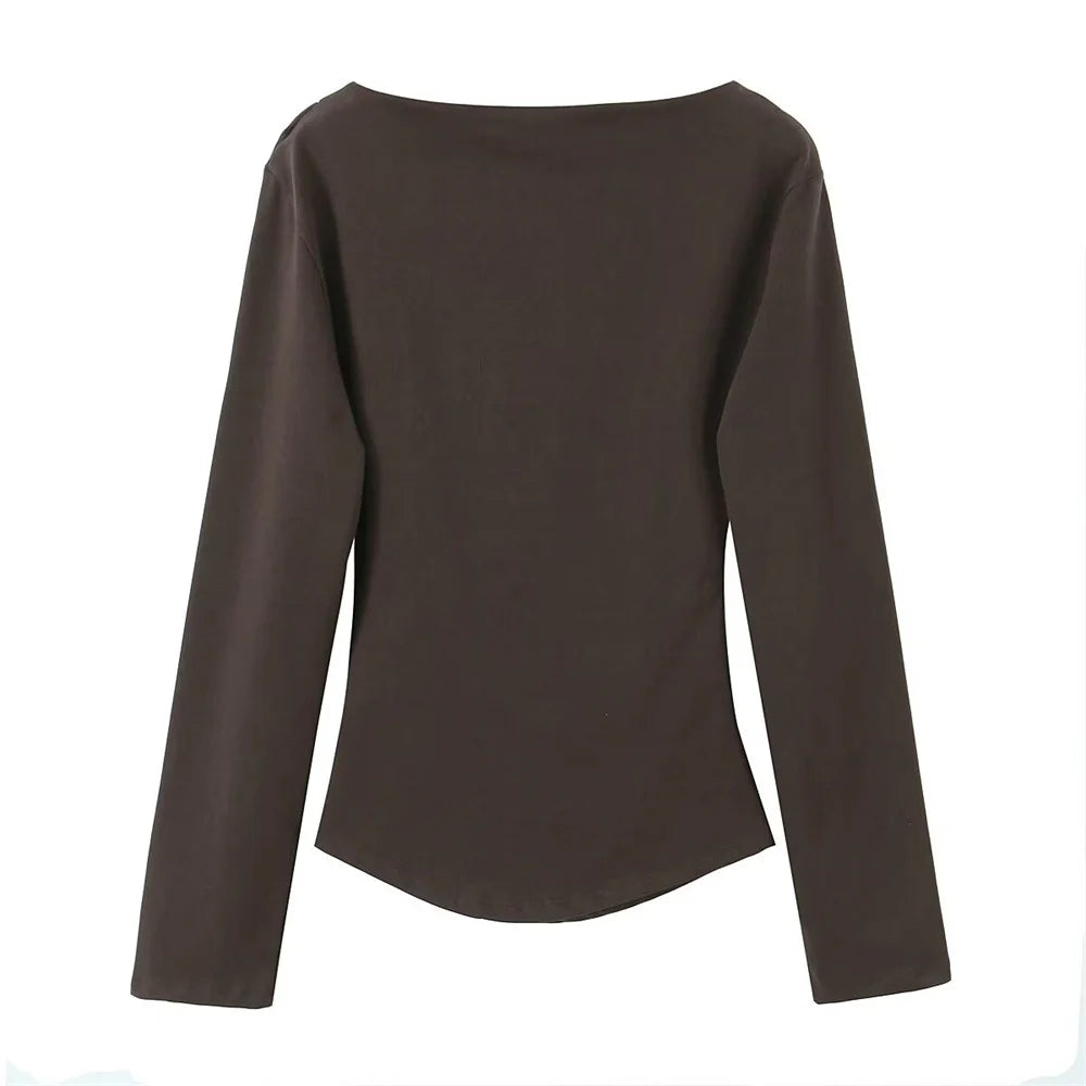 BM&MD&ZA Camiseta feminina bege de manga comprida com ombro de fora, design assimétrico franzido para uso elegante e confortável