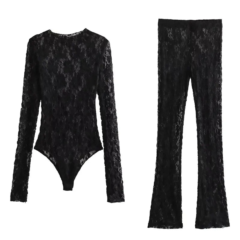 Trafza verão rendas macacões para mulheres moda nova mangas compridas oco para fora magro onesies feminino chique selvagem bodysuits femininos