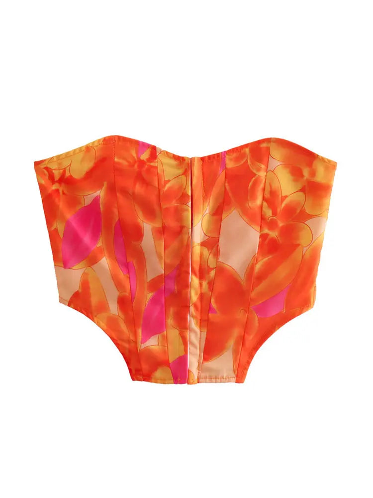 Trza moda feminina frente ganchos de metal impresso bustier topos e cintura alta com arco amarrado mini saia feminina conjuntos de duas peças mujer