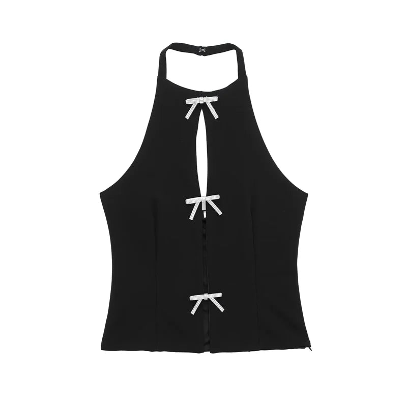 Muyer arco strass colheita topo feminino cortar preto branco sem mangas sem costas topo feminino fora do ombro sexy topos mulher verão