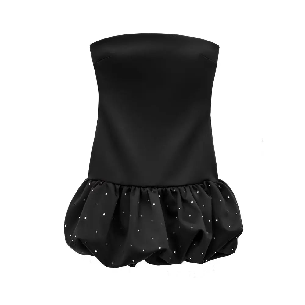 Mini vestido sem alças TRZA para mulheres com strass, pescoço reto, zíper traseiro, vestidos femininos, moda sexy