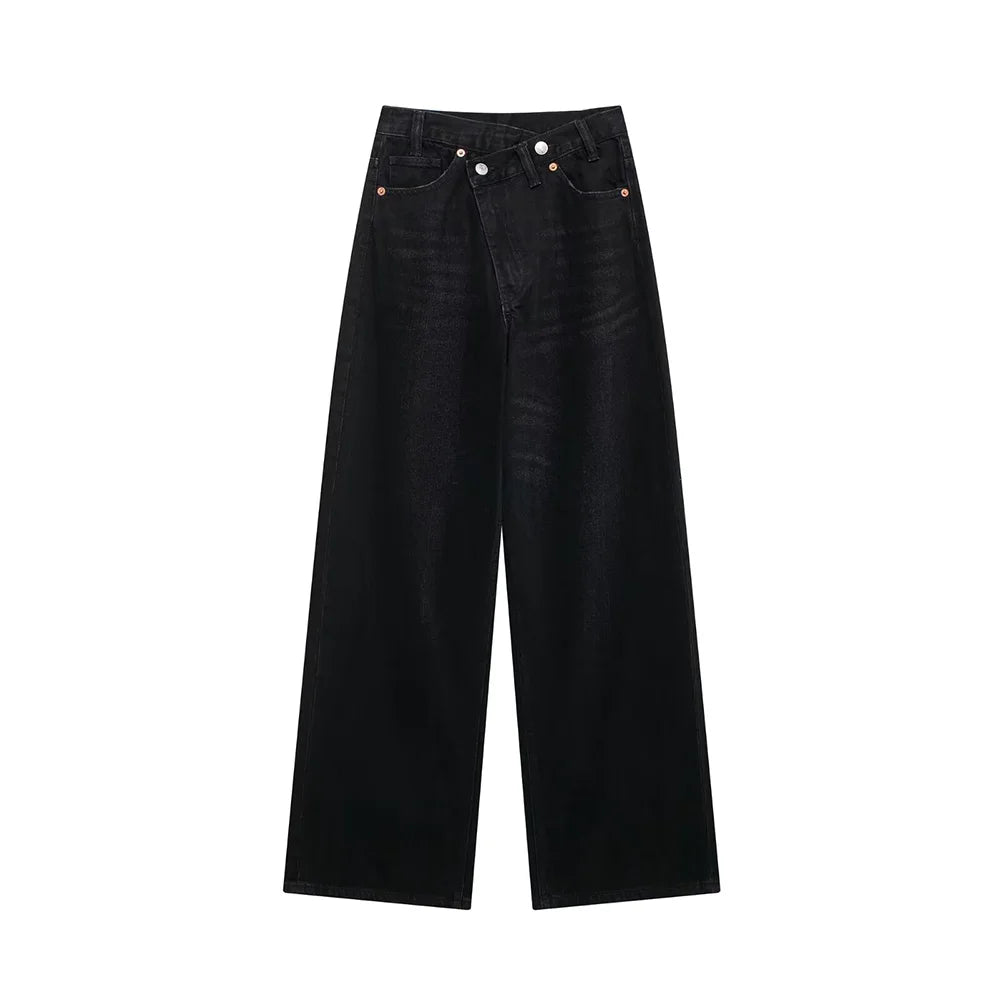TRAF Calças de ganga básicas para mulher New Fashion Asymmetric Design High Waist Wide Leg Trousers Calças de ganga casuais de perna direita para mulher