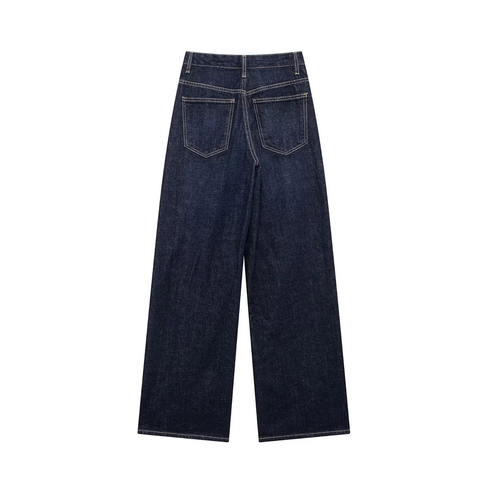 TRAF Calças de ganga básicas para mulher New Fashion Asymmetric Design High Waist Wide Leg Trousers Calças de ganga casuais de perna direita para mulher
