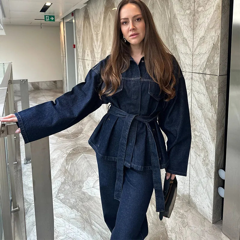 Vintage emendado denim jaqueta calças definir cinto feminino único breasted jaquetas bolsos jeans retos 2025 primavera senhora rua outfit