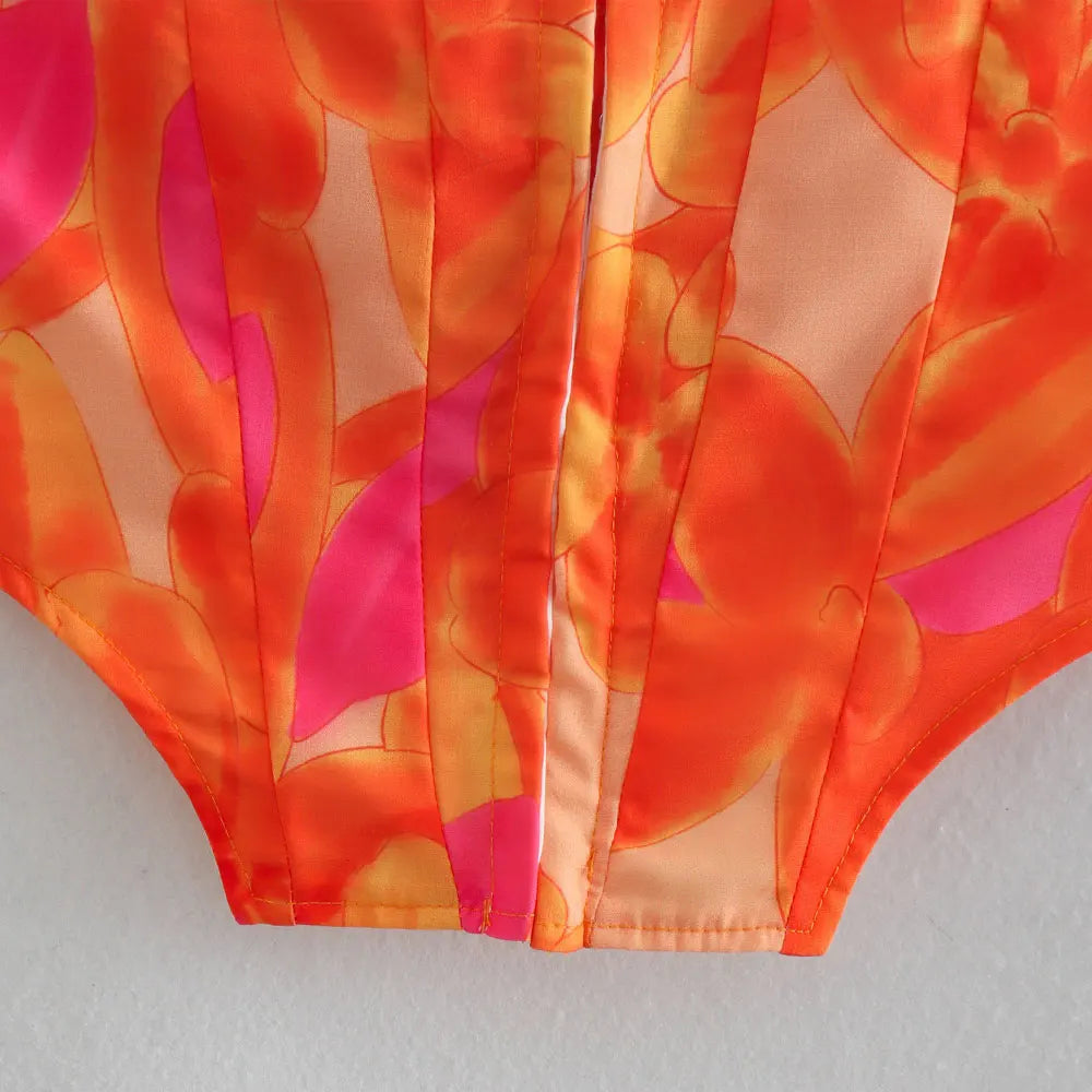 Trza moda feminina frente ganchos de metal impresso bustier topos e cintura alta com arco amarrado mini saia feminina conjuntos de duas peças mujer
