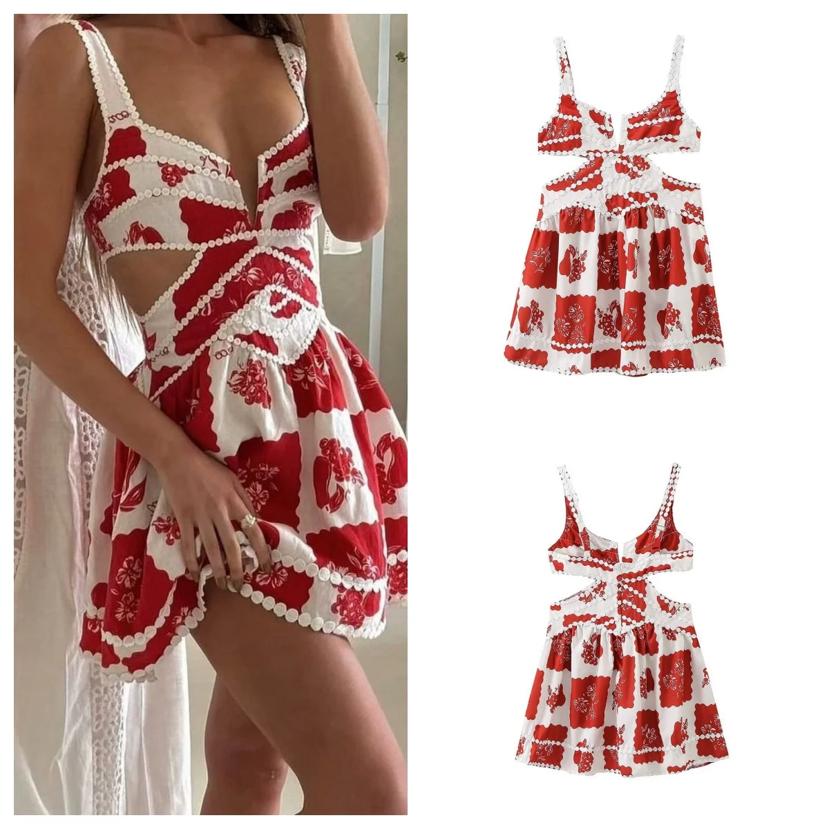 Vestido retrô americano suspenso para mulheres, estilo boêmio, cintura oca, saia curta em linha A, verão, novo