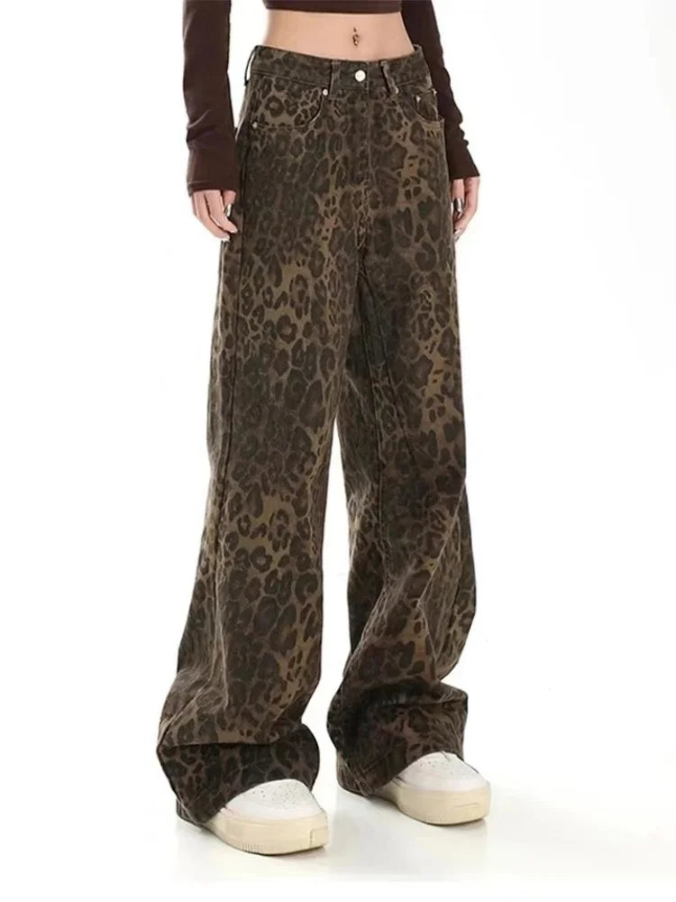 Tan leopardo jeans feminino calças jeans feminino oversize perna larga streetwear hip hop roupas vintage solto casual