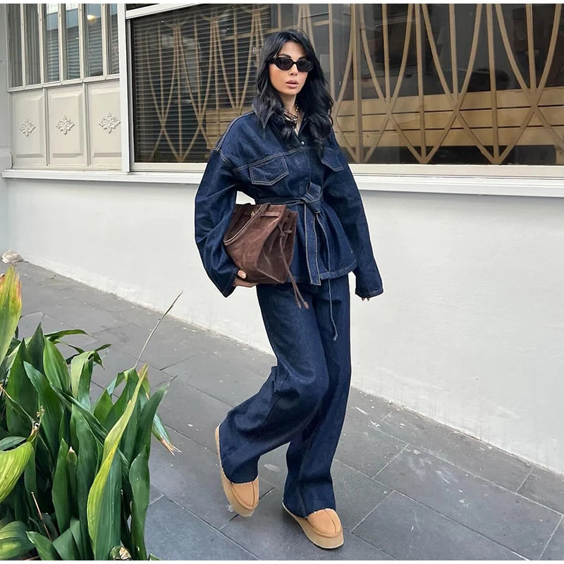 Vintage emendado denim jaqueta calças definir cinto feminino único breasted jaquetas bolsos jeans retos 2025 primavera senhora rua outfit