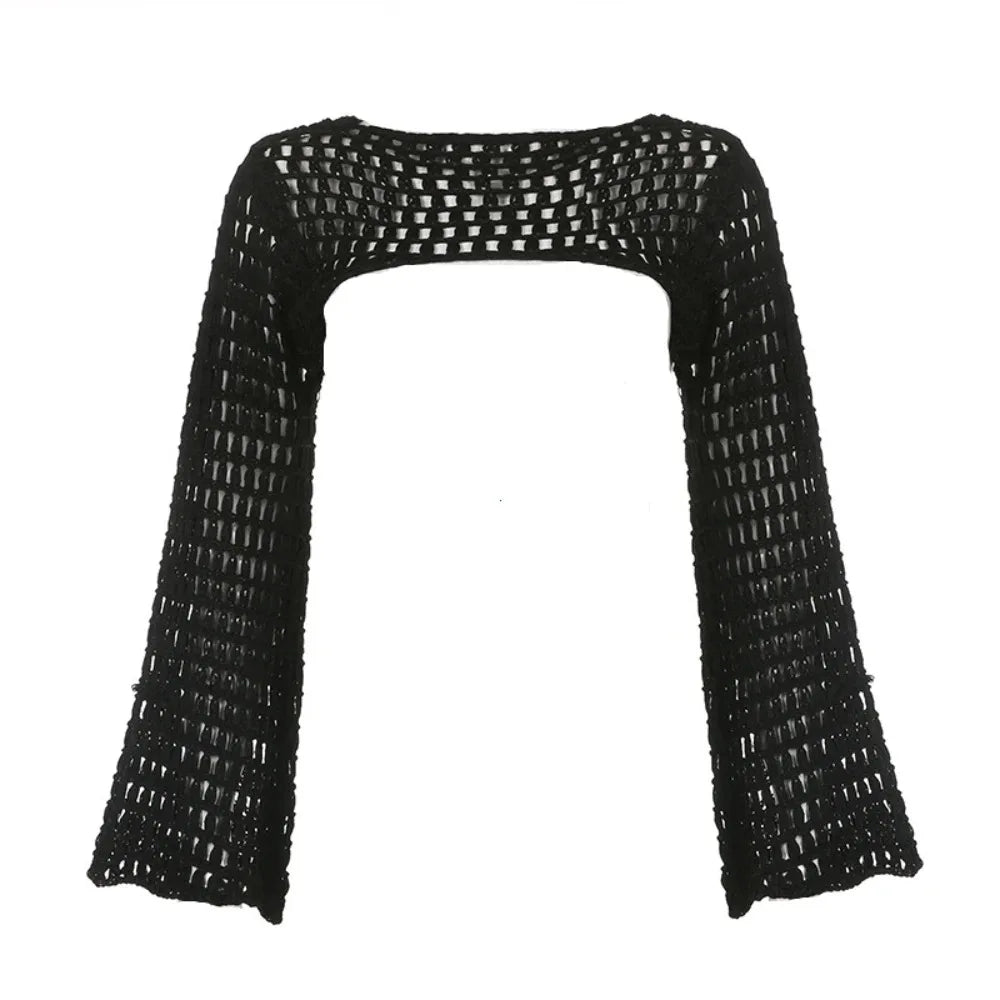 Verão crochê malha oco para fora colheita topo feminino y2k sexy blusa camisas manga longa queimado camisola cobrir ups streetwear pullovers