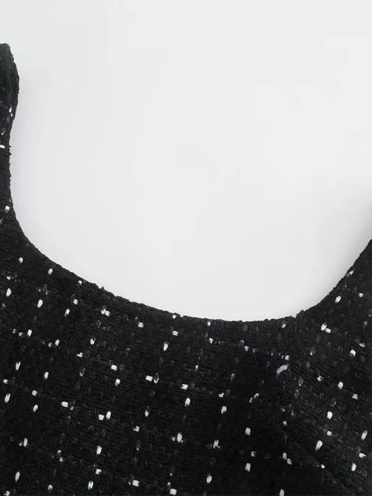 Willshela moda feminina com pérolas preto oco para fora zíper mini vestido alças vintage pescoço quadrado feminino chique senhora vestidos