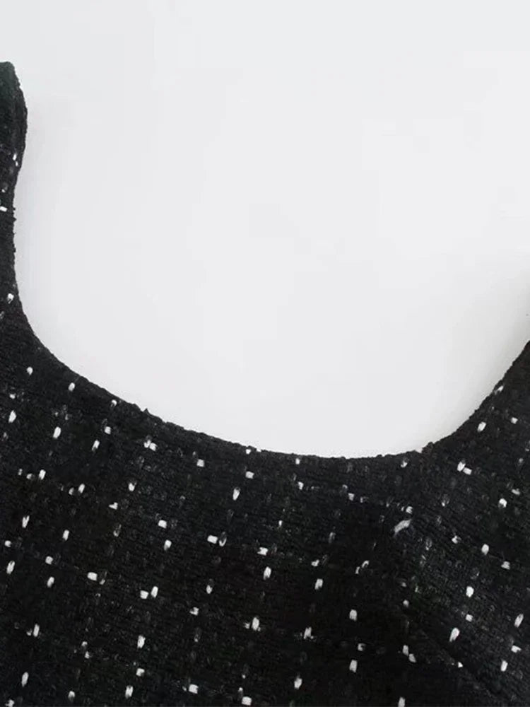 Willshela moda feminina com pérolas preto oco para fora zíper mini vestido alças vintage pescoço quadrado feminino chique senhora vestidos