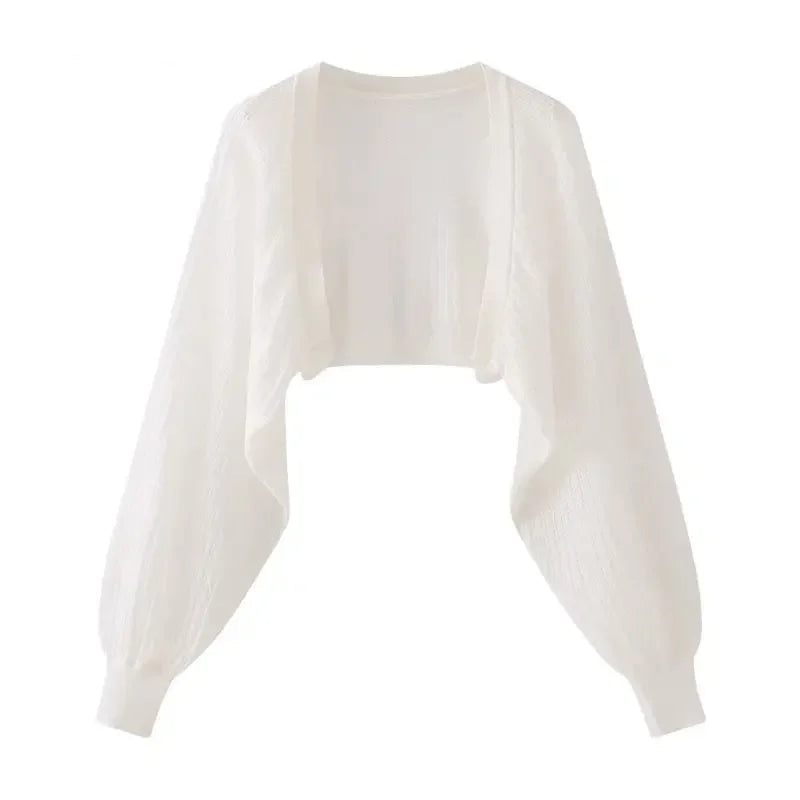 Cardigan francês de malha de seda gelo à prova de sol, jaqueta fina de verão feminina, colete, saia suspensa, xale, blusa externa