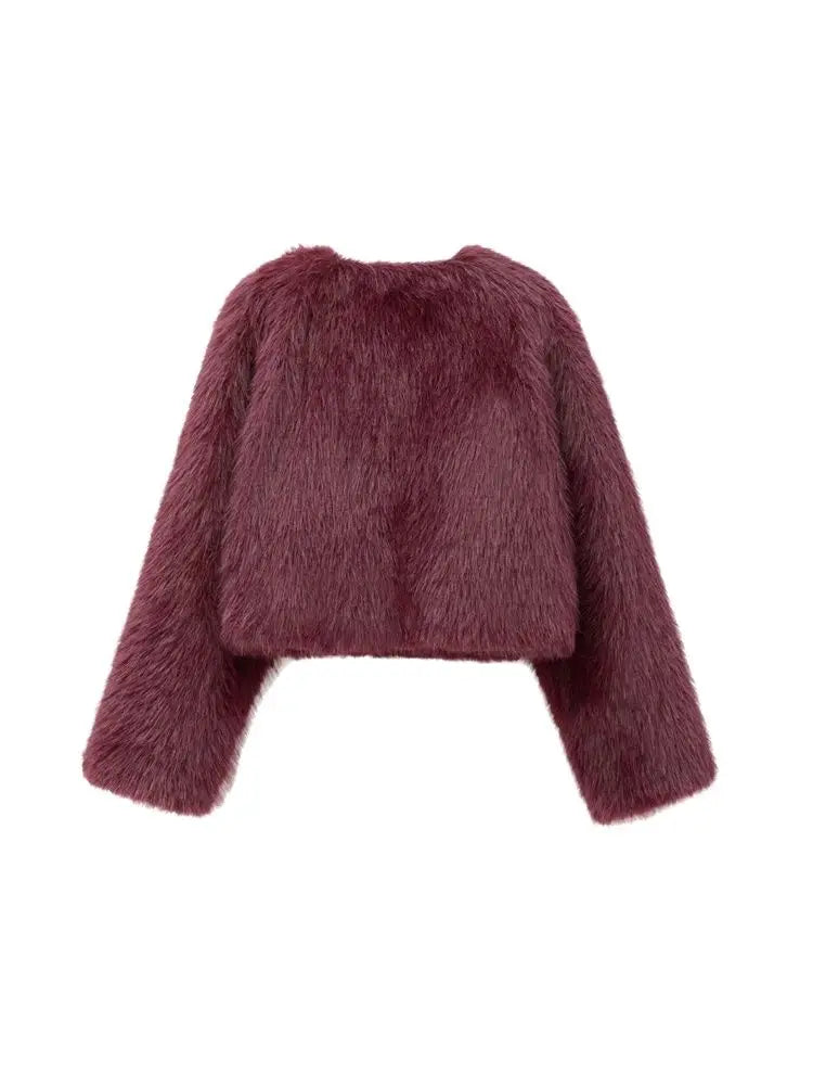 TRZA – Jaqueta feminina grossa e quente de pele sintética, gola redonda, manga comprida, agasalhos femininos, tops chiques, moda