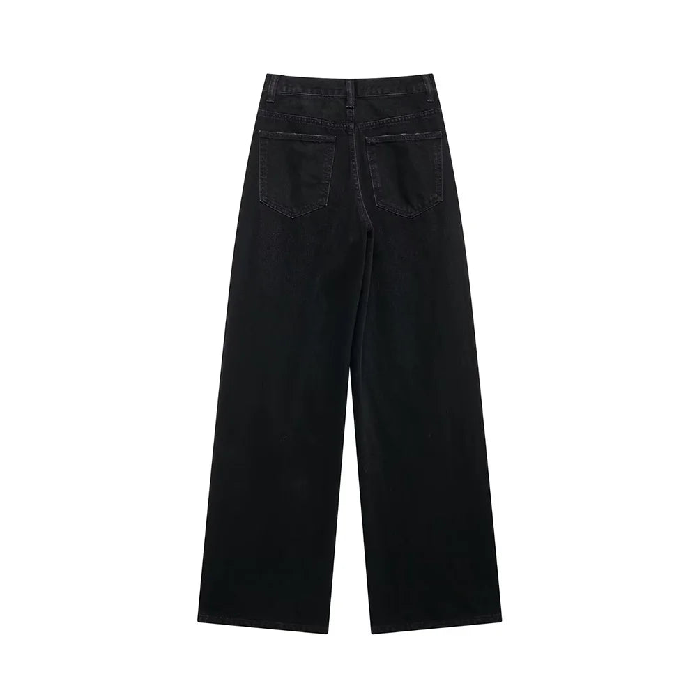 TRAF Calças de ganga básicas para mulher New Fashion Asymmetric Design High Waist Wide Leg Trousers Calças de ganga casuais de perna direita para mulher