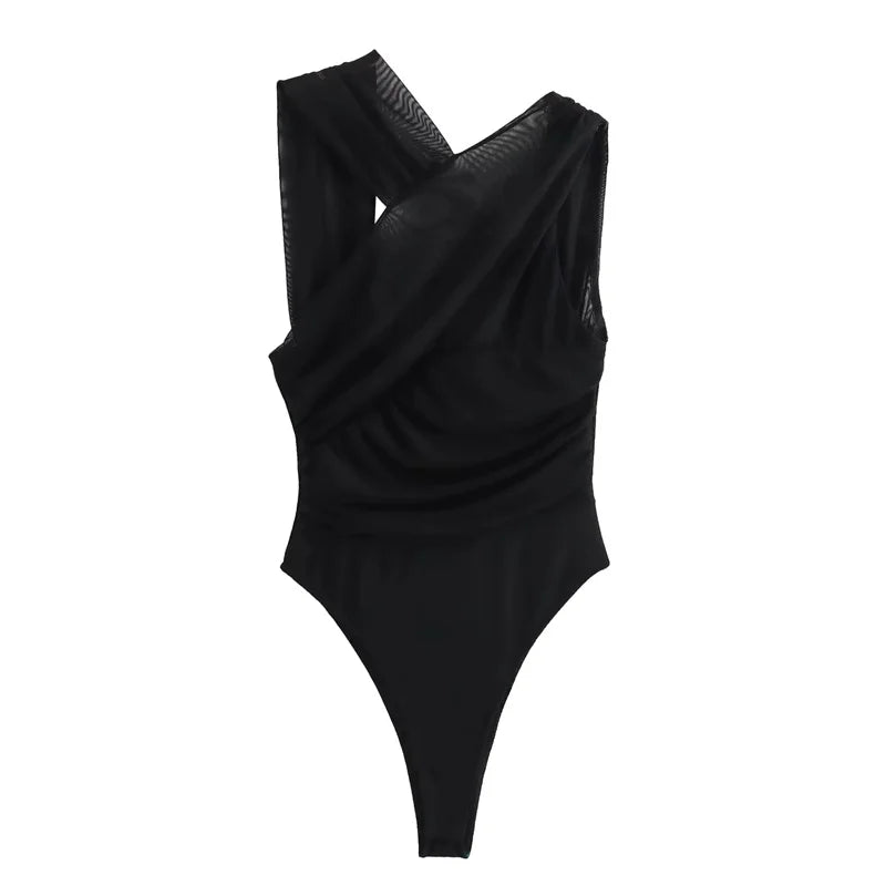 Muyer 2025 leopardo impressão malha bodysuit feminino fora do ombro tule sexy mulher bodys sem mangas apertado bodysuit lingerie verão topos