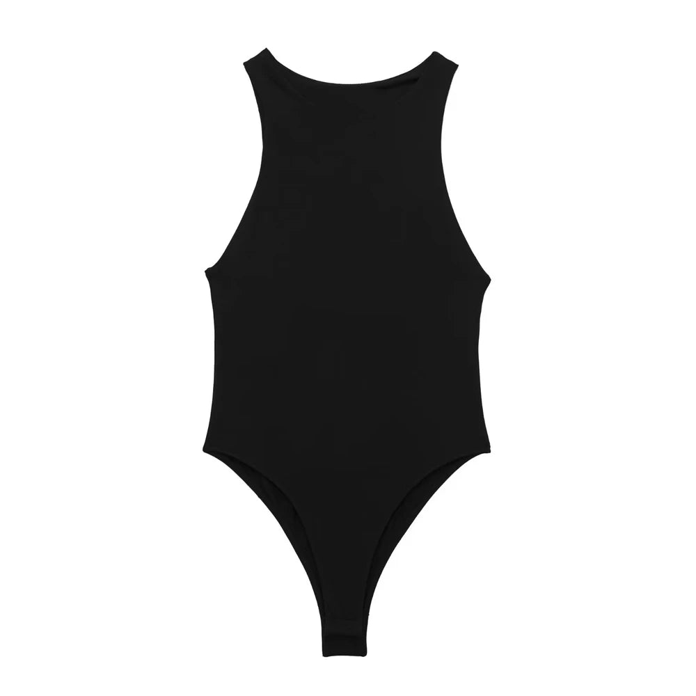 Trza moda feminina com halter pescoço magro bodysuit sexy sem mangas snap-botão feminino playsuits mujer