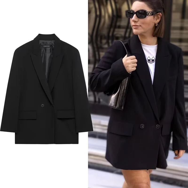 Hxao blazer preto feminino novo em jaquetas escritório casual longo blazer mulher primavera 2025 manga longa oversized sólido blazer 088