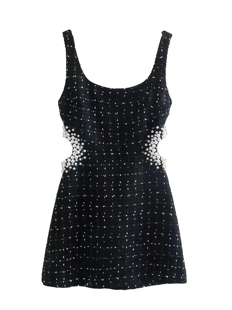 Willshela moda feminina com pérolas preto oco para fora zíper mini vestido alças vintage pescoço quadrado feminino chique senhora vestidos
