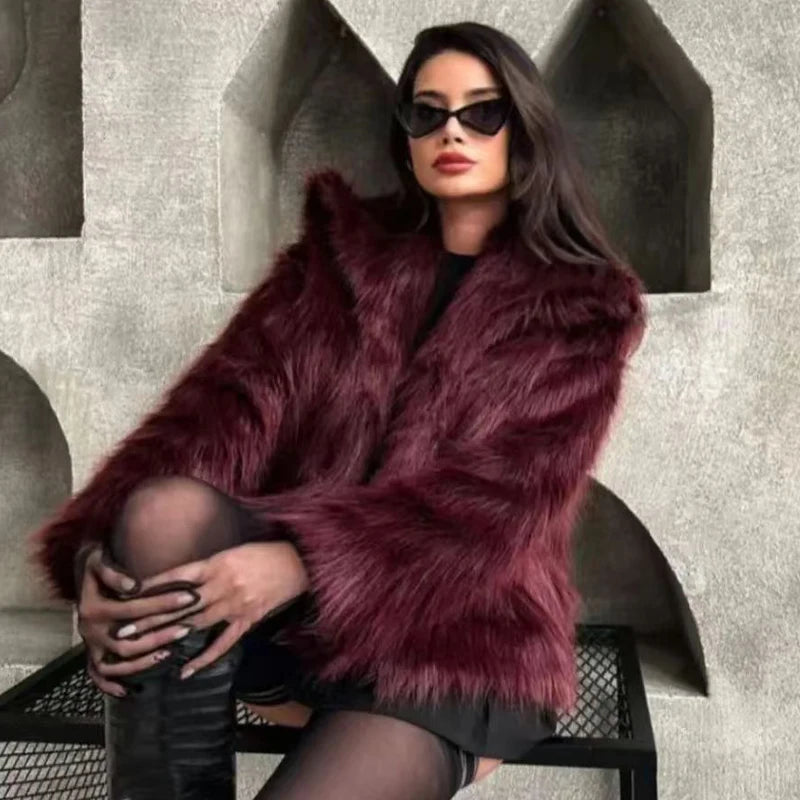 Hxao casaco de pele feminino 2024 pelúcia borgonha bombardeiro jaqueta sólida colheita manga longa jaqueta quente casacos de inverno mulher casacos casuais
