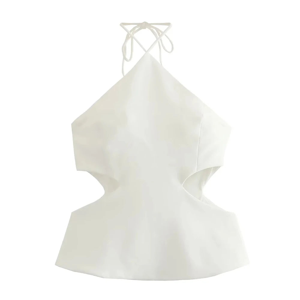 TRZA – Regatas femininas com gola halter e costas nuas, camis femininas, amarradas, vazadas, sexy, fashion