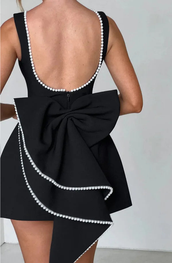 Elegante pérola arco sem costas vestido curto feminino o pescoço mini vestidos de noite preto branco rosa chique verão novo casamento convidado 2025