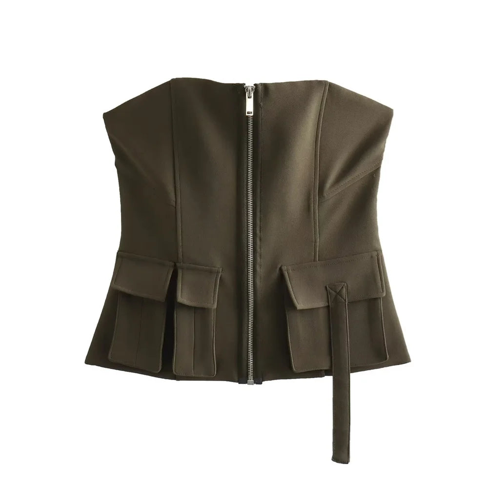 Taop & za 2024 primavera novo produto moda feminina e casual versátil fino ajuste bolso com zíper decoração com sutiã e alça superior