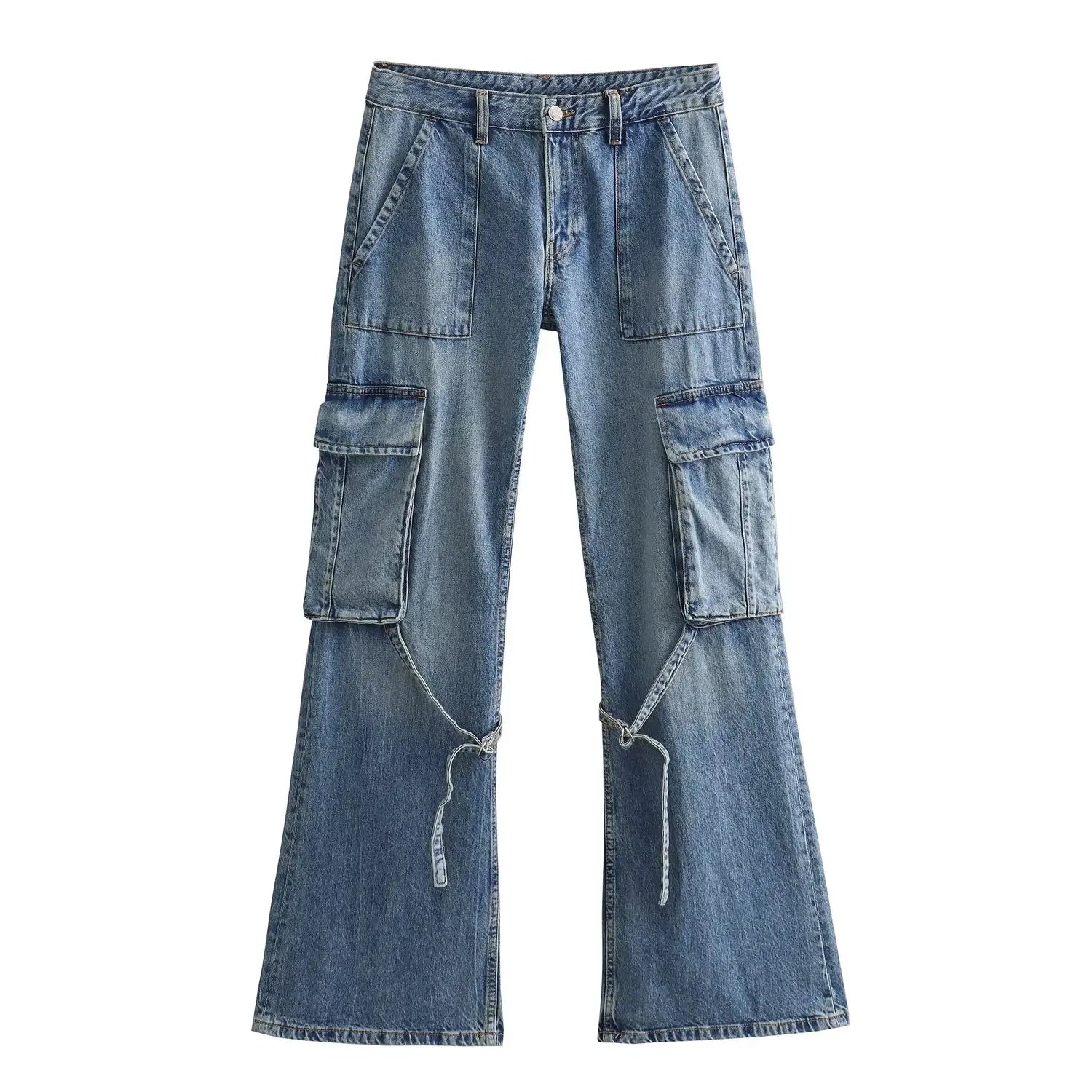 Trafza 2023 outono moda casual sólido calças de cintura alta feminino denim calças de perna larga y2k jeans feminino calças de carga longa jeans