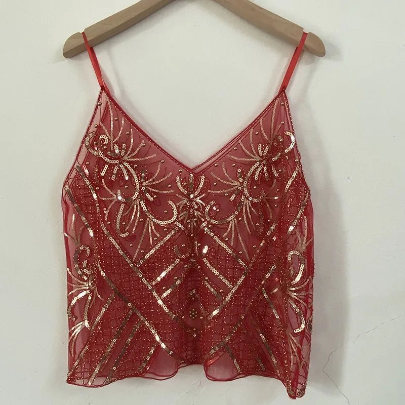 Feminino com decote em v sem mangas regata sexy magro topo verão pesado industrial lantejoulas cravejadas lantejoulas curto solto camisola topo