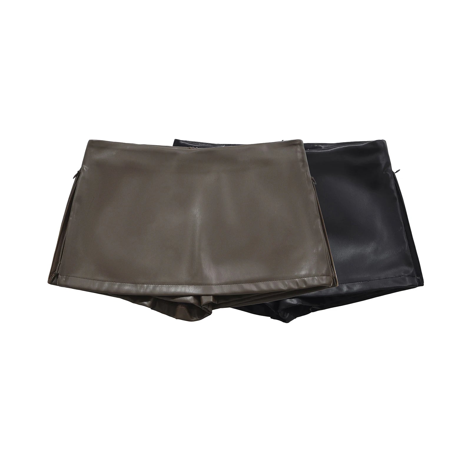 Mini saias pretas elegantes moda coreana saias de couro falso para mulher saias de cintura baixa saia de couro dividido com shorts marrom