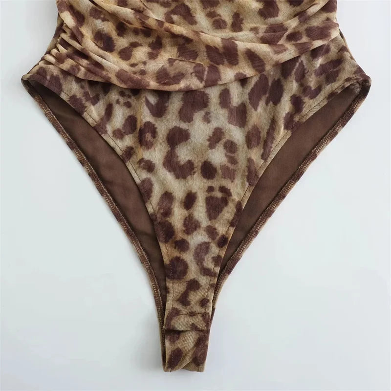 Muyer 2025 leopardo impressão malha bodysuit feminino fora do ombro tule sexy mulher bodys sem mangas apertado bodysuit lingerie verão topos
