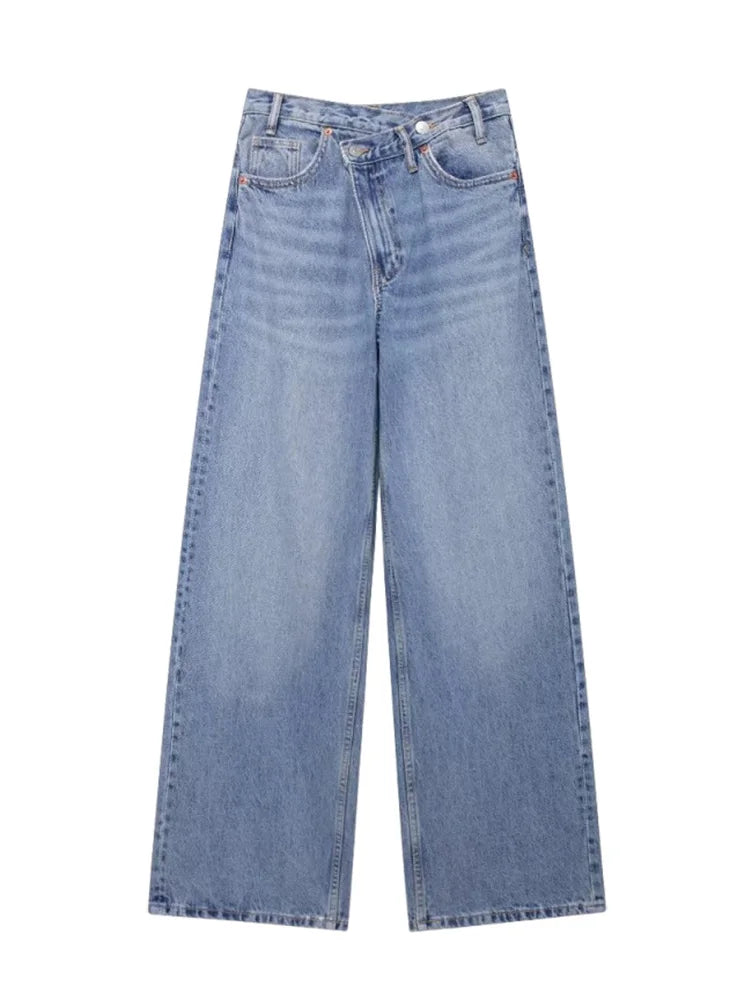 TRAF Calças de ganga básicas para mulher New Fashion Asymmetric Design High Waist Wide Leg Trousers Calças de ganga casuais de perna direita para mulher