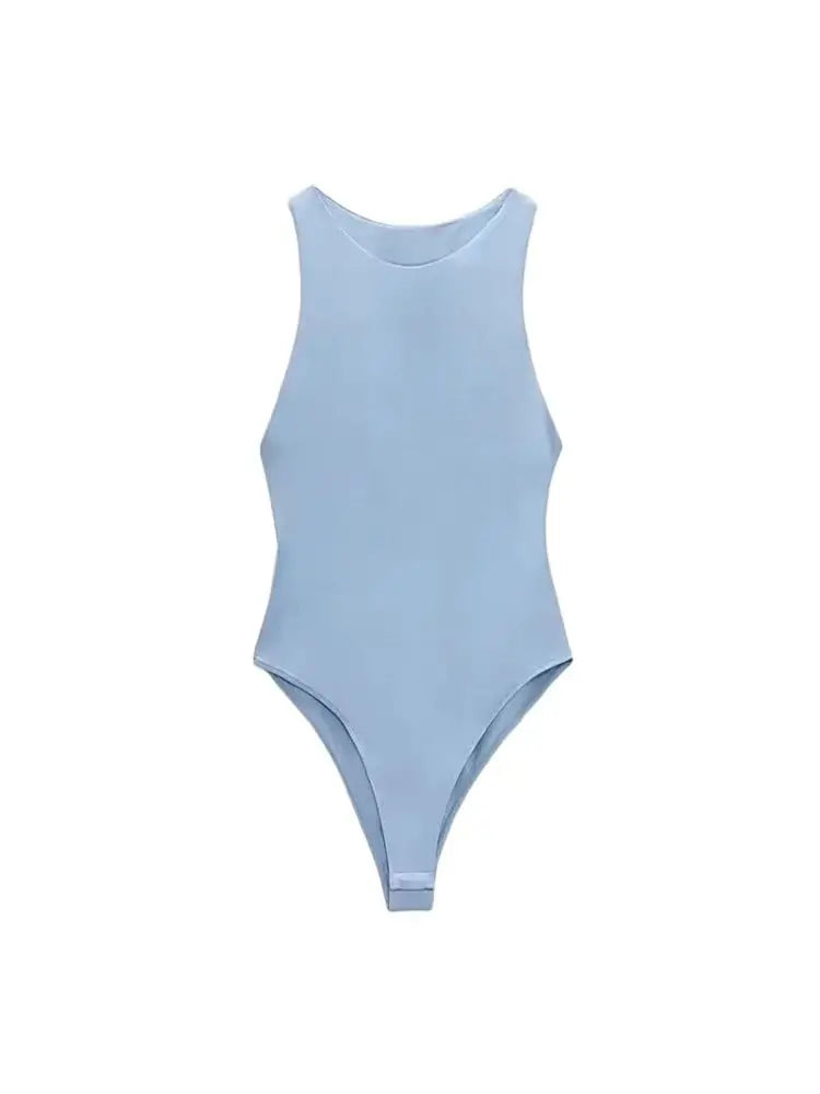 Trza moda feminina com halter pescoço magro bodysuit sexy sem mangas snap-botão feminino playsuits mujer
