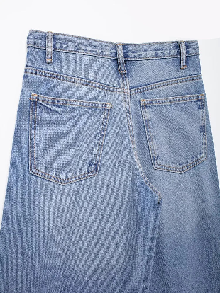 TRAF Calças de ganga básicas para mulher New Fashion Asymmetric Design High Waist Wide Leg Trousers Calças de ganga casuais de perna direita para mulher