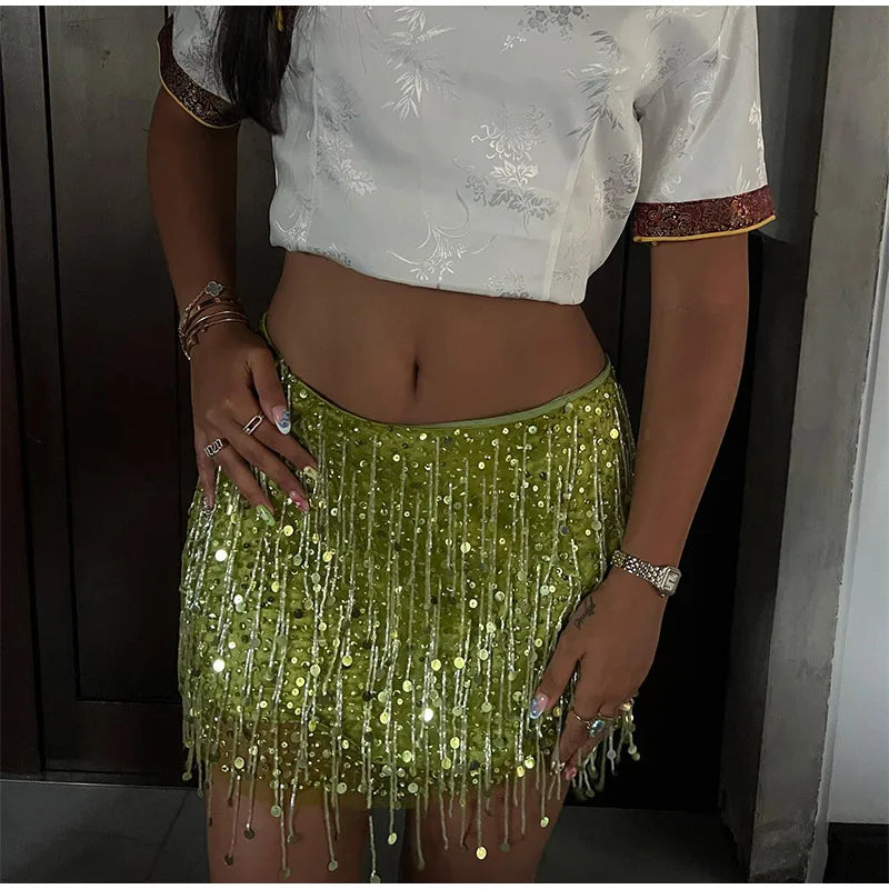 Sexy praia borla saias outfits feminino lantejoulas sem costas sem mangas brilhante ibiza define feminino 2025 primavera verão chique festival terno
